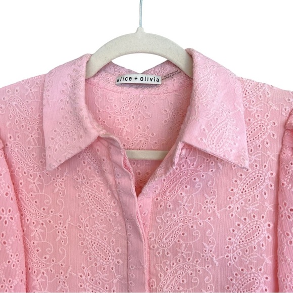 Alice + Olivia Blakesley Embroidered Lace Jacquard Tier Mini Dress Light Pink 6 - Picture 3 of 8